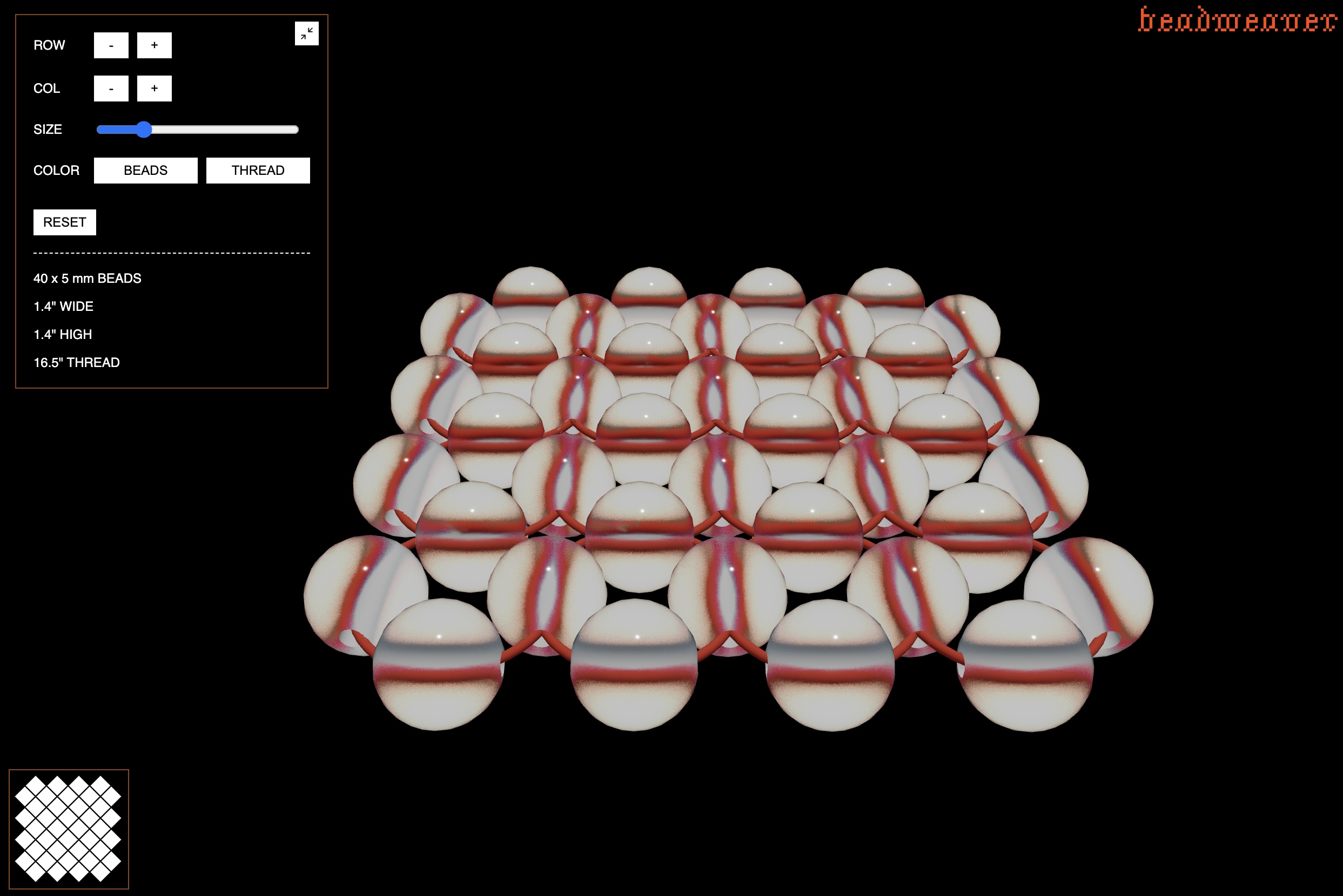 Screenshot of array of spheres and loops representing a weaving from Beadweaver